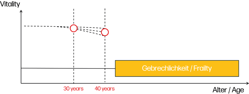 Grafik zeigt Vitalitätsverlust im Alter mit Wendepunkt bei 40 Jahren und wie Prävention hilft, den Alterungsprozess ab 40 zu kontrollieren.