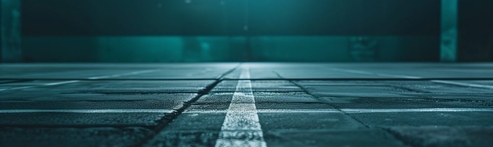 Sporthalle mit markierter Linie auf dem Boden, symbolisiert Vorbereitung und Fokus im Sport. Dazu gehört Protein und Leistung im Sport.