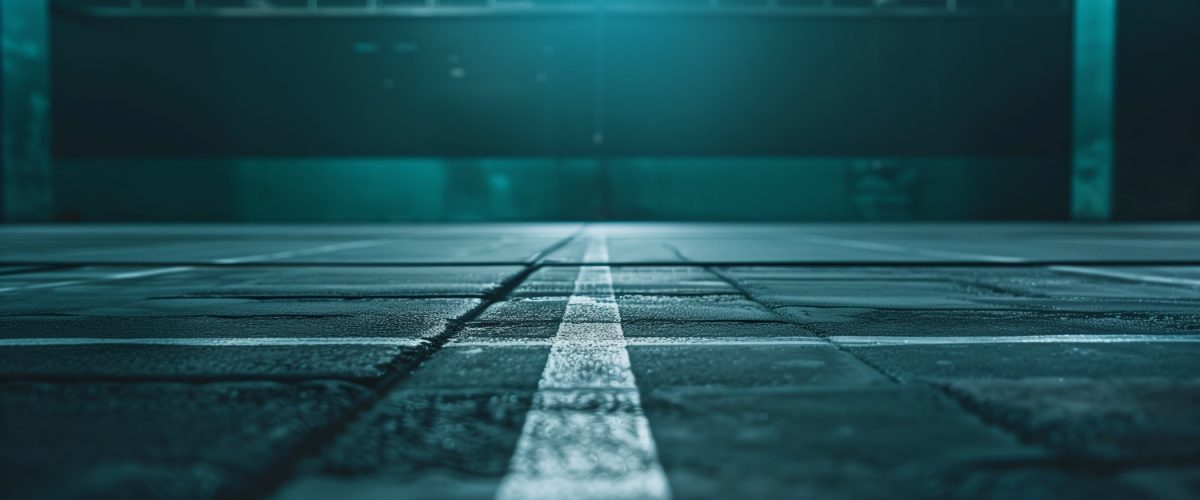 Sporthalle mit markierter Linie auf dem Boden, symbolisiert Vorbereitung und Fokus im Sport. Dazu gehört Protein und Leistung im Sport.