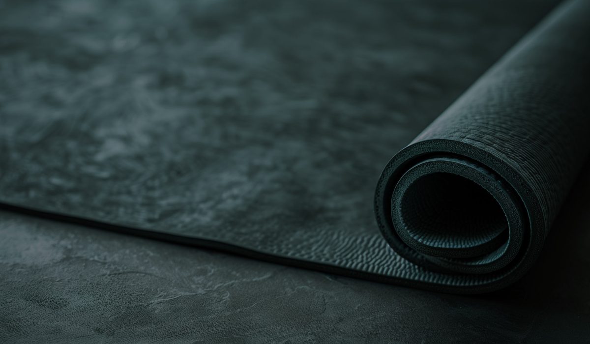 Eine zusammengerollte schwarze Yogamatte, ideal für Regeneration und den Proteinbedarf im Sport.